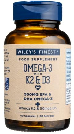 Wiley's Finest Omega-3 with Vitamin K2 & D3, 60 Softgels (60 Servings) | EPA & DHA Softgels with Vitamin K2 MK-7 from Wild Alaskan Fish
