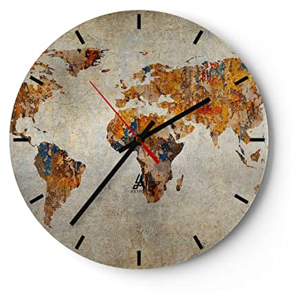 Modern Wanduhr Welt Karte Kontinente Geographie 40x40cm Rund Groß Wand Uhr Glas Analog Zimmeruhren Küche Büro Wohnzimmer Glasuhr Wall Clock Dekoration Design Wanddekoration Küchenuhr C3AR40x40-2783