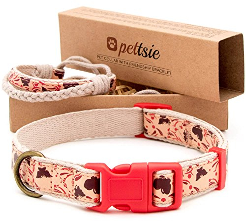 Pettsie Hundehalsband mit Freundschaftsarmband, einstellbare Größen S und M, Komfortables Designer Hanf, stark und langlebig, tolles Geschenk für Hundeliebhaber in attraktiven Verpackung, Rot