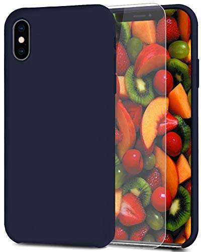 Feyten Funda iPhone XS/iPhone X [Cristal Vidrio Templado], Slim Líquido de Silicona Gel Carcasa Anti-Rasguño Protectora Caso para Apple iPhone XS/iPhone X 5.8 (Azul Medianoche)