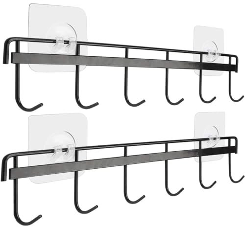 YiZhi Adhesive Wall Hooks Rack Kitchen Rail, Space Saving Utensil Holder No Drilling Wall Mounted Accessory Hanger with 6 Hooks for Kitchen Bathroom Bedroom Pack of 2 (Black)