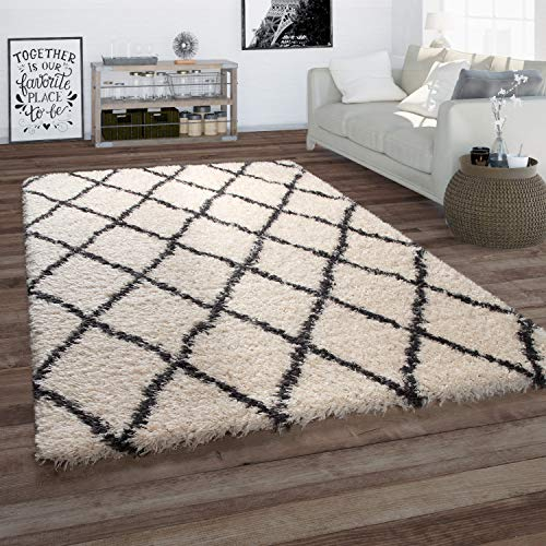 Paco Home Hochflor Teppich Wohnzimmer Shaggy Skandi Rauten Muster Weich Flauschig In Creme, Grösse:200 cm Quadrat