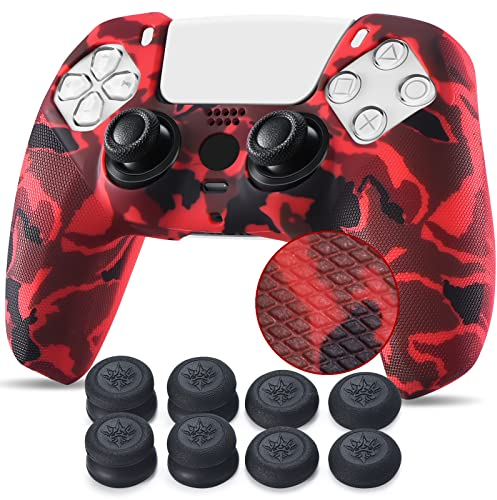 YoRHa Studded Drucken Silikon Hülle Abdeckungs Haut Kasten für PS5 Controller x 1 (Rot) Mit Pro aufsätze Thumb Grips x 10