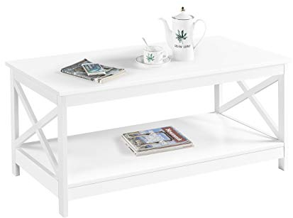 Yaheetech Mesa de Centro Moderna con Estructura en X Mesa de Café con Doble Nivel de Almacenamiento 100x50x45cm Ideal para Libros Revistas Blanco