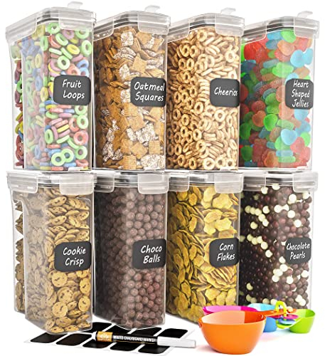Recipientes de almacenamiento de cereales (3L, 103 onzas), juego de 8 recipientes de plástico sin BPA para almacenamiento de alimentos y dispensador de cereales para almacenar copos de maíz, papas