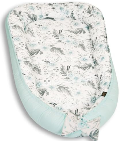 PaLulli 120x60 cm Babynest Babynestchen XXL Babykokon 2seitig 100% Baumwolle Kissen Nestchen für Babybett Reisebett für Baby und Säugling Feathers (Mint Garden)