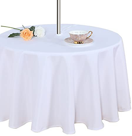 Fitable Nappe de Table d'extérieur et d'intérieur, Lavable, imperméable, Infroissable, avec Fermeture éclair et Trou pour Parapluie, pour Printemps/été/fête/Pique-Nique/Barbecue/terrasse, Blanc 60R