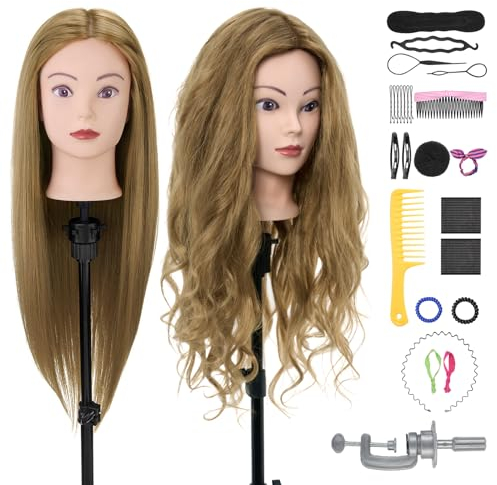 Frisierkopf,Neverland Übungskopf 71cm 80% Echthaar,Frisieren Trainingsköpfe für Friseure Ausbildung Kopf Mit Halter + DIY Haare Set(Blond)