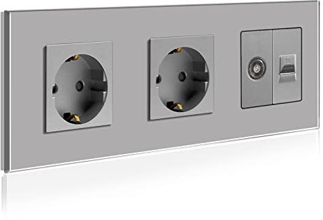 BSEED Schuko Steckdose mit 1/2 PC mit TV Grau Glas Panel Steckdose Glas TV antenna coaxial and RJ45 Cat5e Ethernet 16 Amp Steckdose 228mm Doppelt Wandsteckdose Verlängerungssteckdosen