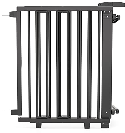 Geuther Treppenschutzgitter Oris | Türschutzgitter zum Anschrauben inkl. 2X Klemmen für Treppengeländer, Breite 67-95 cm | Stabiles Türgitter mit Schwenktür, Zertifiziert | Kindergitter Holz, Schwarz