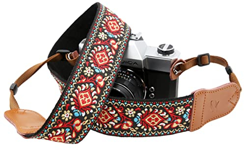 Padwa Lifestyle Sangle Appareil Photo - Extrémités en Cuir de Vachette Ddouble Couche,Sangle D'appareil Photo en Coton Brodé de 2,Bandoulière Photographe Réglable Pour Tous Les Appareils Photo DSLR