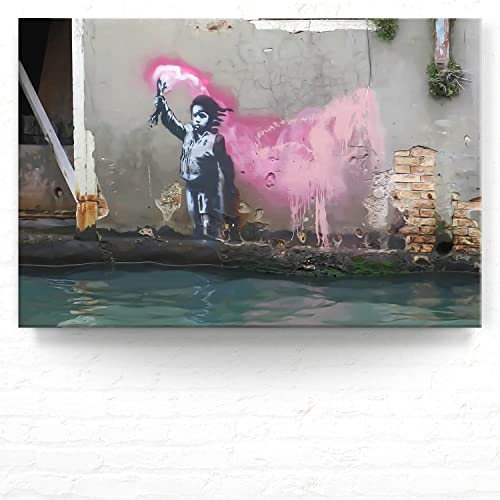 Banksy XXL Leinwand-Bild, Migrant Child als Wandbild, 120x80cm Groß, Street Art als Moderner Kunstdruck zur Wanddekoration für Wohnzimmer, Büro