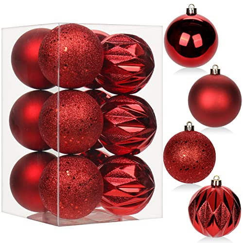 12 pcs Christmas Baubles Xmas Ball Ornaments with Strings, 80mm/3.1 Red Shatterproof Plastic Hanging Decorations, Christmas Tree Pendants for Home Party Wedding Holiday