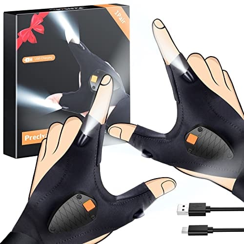 Preciva Led Gloves with Waterproof Light, USB Rechargeable Light Gloves,Fishing Gifts for Men,Secret Santa Gifts for Men, Fingerless Work Gloves with Strong Light, Birthday Gifts