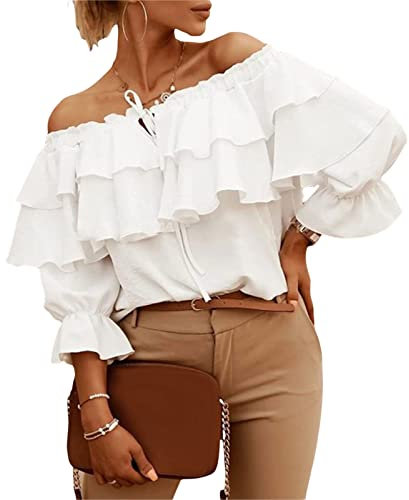 FeMereina Women's Off Shoulder Ruffle Long Sleeve Blouses Casual Layered Tops Casual Ruffles Tie-Up Chiffon Summer Tops (White, Medium)
