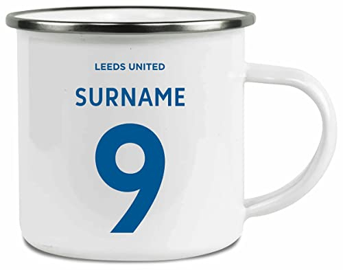Personalised 12oz Enamel Camping Mug for Leeds United FC Fans Featuring 'Back of Shirt' Design, Metal Tea Coffee Mug, Great for Camping, Fishing, Hiking