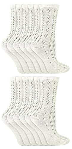 12 Pairs Multipack Girls Pelerine Ankle Socks | Cotton Knitted Design White School Socks (7-10 Years, White)