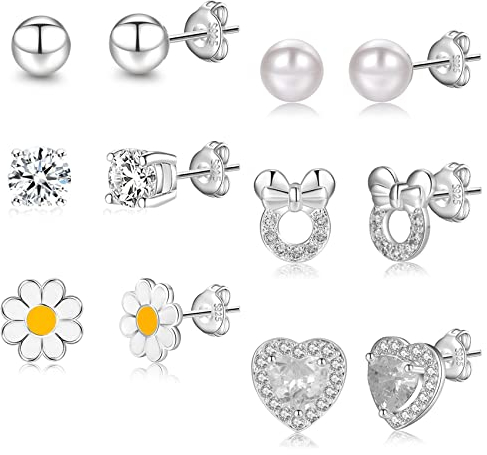 6Paare 925 Sterling Silber Ohrringe für Mädchen Damen Hypoallergene Ohrringe Tiny Herz Hoop Ohrringe CZ Ball Schmetterling Daisy Gestüt Sets für Teenager Kinder Kleinkind Rosa Silber