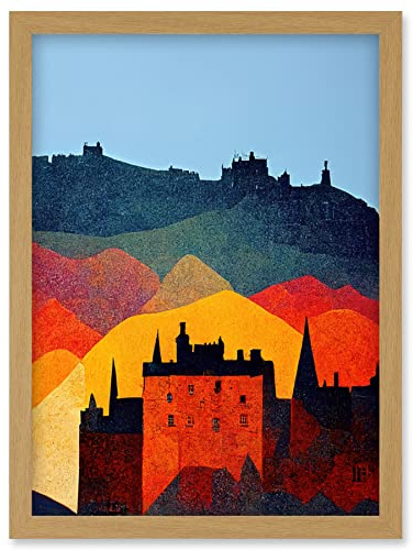 Wee Blue Coo Edinburgh in Autumn Scotland Scottish Modern Folk Art Multi Coloured Cityscape Artwork Framed Wall Art Print A4