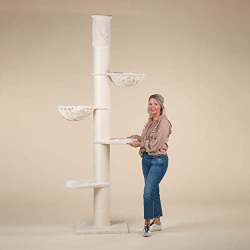 RHRQuality Kratzbaum für große Katzen – Maine Coon Tower Plus – 225 bis 245 cm hoch – Mit extra dicken 20 cm Sisalstämmen – Creme