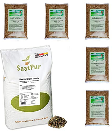 SaatPur® Set aus 25 kg Rasendünger Spezial und 5 x 1kg Rasensamen Nachsaat Wunder, Dünger für ca. 700 m², NPK-Dünger 11+3+5, Rasen für ca. 150 m², Mehrjähriger Gebrauchsrasen