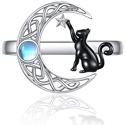 POPLYKE 925 Sterling Silber Keltische Mond Schwarze Katze Offener Ring für Frauen Mädchen Geburtstag Katze Schmuck Geschenke