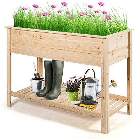 GYMAX Fioriera Rialzata in Legno Abete, con Ripiano Portautensili, Per Interno/Esterno (92 x 41 x 81 cm)