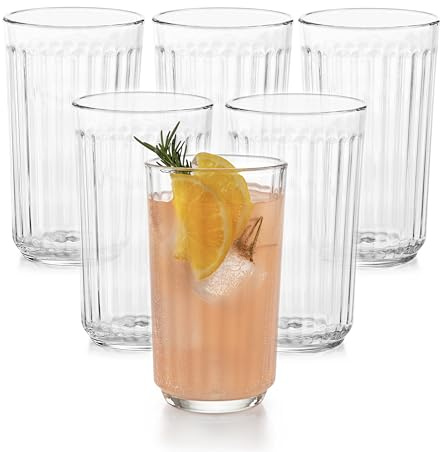 Libbey Paneled Highball Glasses Set of 6, 17 Oz Fine Ribbed Line Whiskey Glasses Set, Dishwasher Safe Highball Champagne Glasses for Juice, Iced Tea