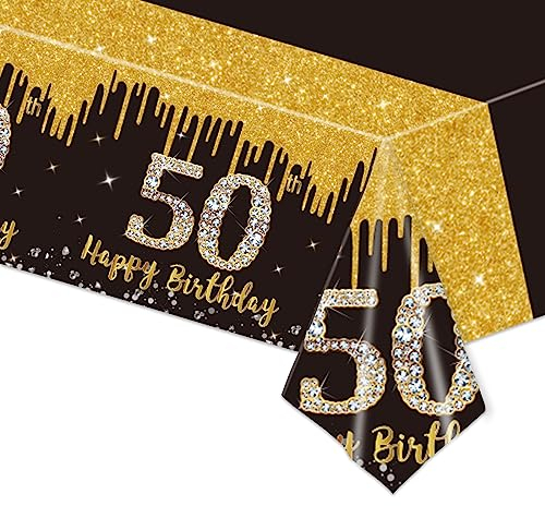 137x274cm Tischdecken 50. Geburtstag,Schwarz Gold 50. Geburtstagsfeier Tischdecke,Happy 50th Birthday Tischdecke Abwischbar Kunststoff Rechteckige Tischdecke für Mann Frauen Geburtstag Party Dekor