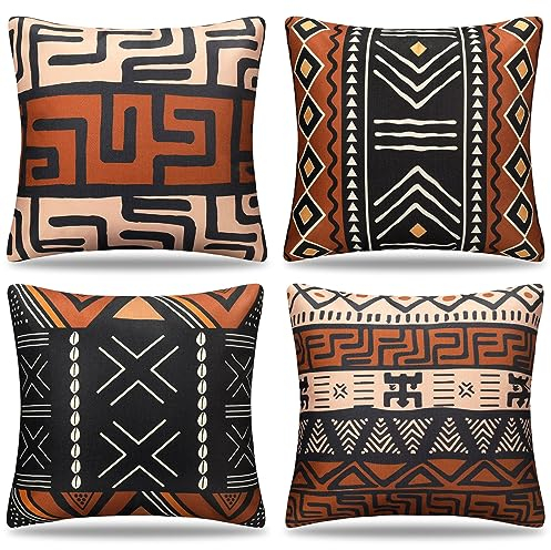 Set mit 4 Kissenbezüge Braun Ethno Boho Abstrakt Kissenhülle 40 x 40 cm Geometrie Dekorative Couchkissen Marokko Vintage Leinen Quadratisch Sofakissen Kissenhülle für Couch Draussen Wohnzimmer
