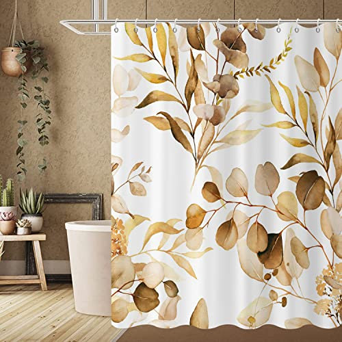 GCIREC Braun Eukalyptus Blatt Stall Duschvorhang, Braun Botanisch Aquarell Pflanzen Badezimmer Vorhang Badewanne Wohnkultur Wasserdichter Stoff Maschinenwaschbar mit 12 PCS Haken,180x180cm