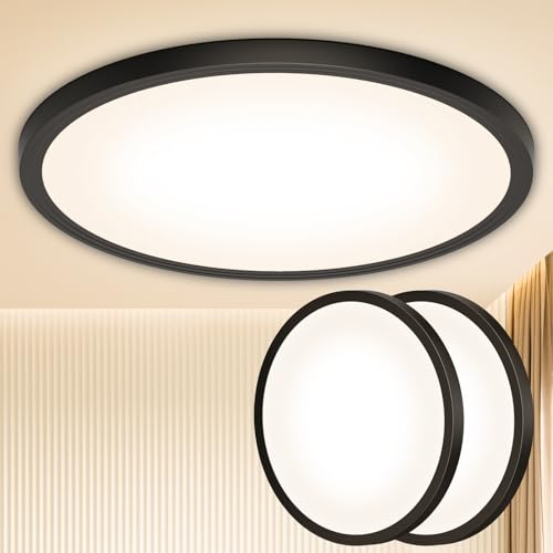 Deckenlampe Led Deckenleuchte Schwarz Lampe - Flach Rund Modern Warmweiss Deckenlampe Badezimmer Lampe Decke Badlampe Küchenlampe für Wohnzimmer Keller Flur Schlafzimmer 18W 3000K 1600LM 22CM 2 Stück