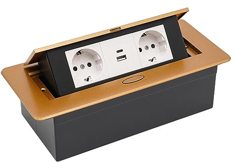 Multiprise escamotable, prise encastrable avec USB + type C Pop Up - Prise de table avec 2 prises UE pour plan de travail et bureau - Doré