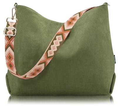 Prite Shopper Tasche Damen Groß Cord Tasche Tote Bag mit Verstellbarem Schultergurt für College Schule Arbeit Reisen Einkaufen(Grün)