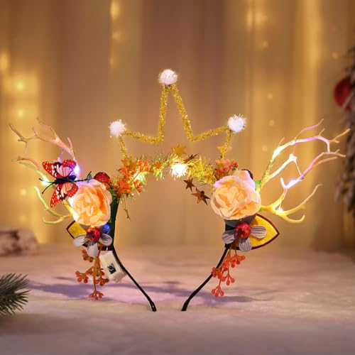 Edary LED Weihnachten Haarreif Leuchtende Rentier Krone Stirnbänder Silvester Weihnachts Haar-Accessoires für Damen