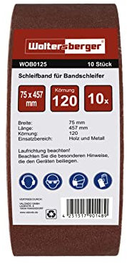 Woltersberger® Schleifbänder 15 Stück | Größe 75x457mm | Set mit je 3 Bänder in Körnung K60, K100, K150, K240, K400 | Gewebe-Schleifband Bandschleifpapier Bandschleifer