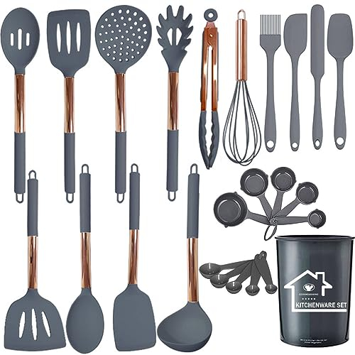 UXIYI Kitchen Utensils Set, Silicone Cooking Utensils, 25Pcs Spatula Set with Rose Gold Stainless Steel Handle, Kitchen Tools for Nonstick Heat Resistant Cookware,Gray