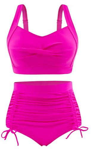 UMIPUBO Maillot de Bain Femme 2 Pieces Push Up Culotte Taille Haute Bikini Set Grande Taille Gainant Ventre Plat Maillot de Plage Ajustable Bikinis(Rose,S)