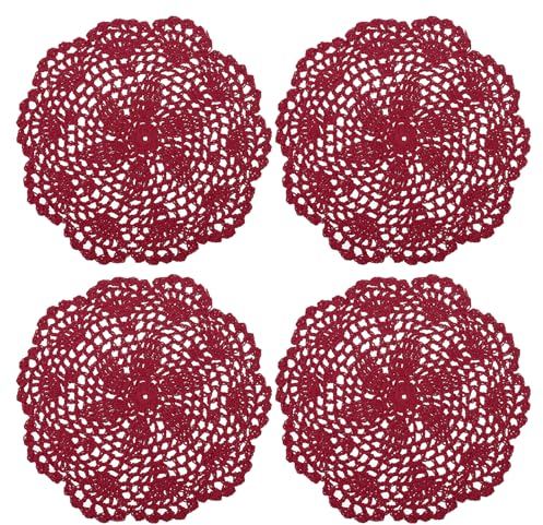 QUARKZMAN Häkeln Deckchen 4Stk 8 - Handgefertigt Häkeln Baumwolle Untersetzer Rund Spitze Tischsets mit Blumen Mustern für Hochzeit Party Dekoration (Weinrot)