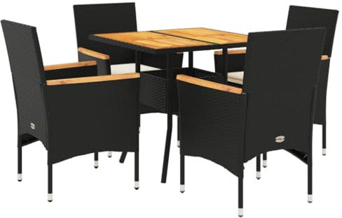 vidaXL Garten Essgruppe 5-TLG., Gartenmöbel Set mit Kissen, Gartengarnitur Tisch 4 Stühle, Lounge Sitzgruppe Sitzgarnitur, Schwarz Poly Rattan Akazie