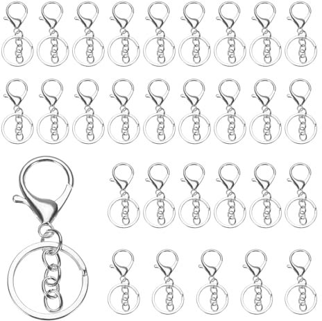 uxcell Lobster Claw Clasps Keychain, 30 Pcs Lobster Claw Clasp Hook with Flat Split Keychain Ring and Chain for DIY Craft Key Chain Accessories, Silver