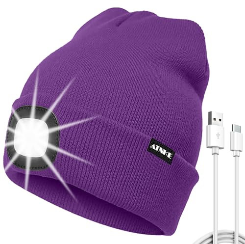 ATNKE LED Mütze mit Licht, USB Typ C Wiederaufladbare 4 LED Beleuchtete Laufmütze Extrem Heller Lampe Winter Warme Stricken Mütze für Herren und Damen Geschenke/Inner Purple