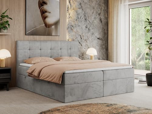 MKS MEBLE Boxspringbett 200x200 Mit Bettkasten, Matratze H3 und Topper - Polsterbett Mit Stauraum - Centos - Hellgrau Velvet