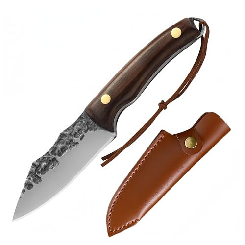 LMJIAANPU Chef Knife BBQ Knife Meat and Fruit Knife High Carbon Steel Forged Stainless Steel Pocket Kitchen Knives with Wood Handle and Leather Sheath for Home, Restaurant and Camping