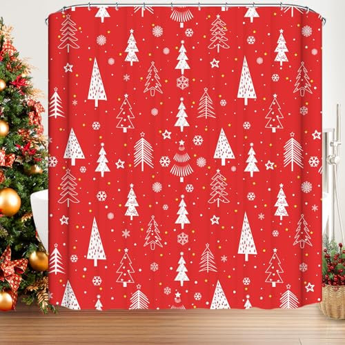 Famibay Tenda da doccia con albero di Natale, 180 x 180 cm, rossa, tenda da bagno con 12 ganci, tenda da doccia ponderata in poliestere impermeabile per bagno e vasca da bagno