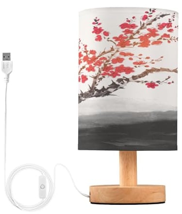 Mnsruu Bedside Table Lamps, Sakura Oriental Cherry Blossom USB Table Lamp for Bedroom, LED Light Bedroom Bedside Table Décor Night Lamp Warm White