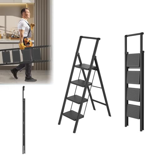 LARS360 Escalera plegable de 4 peldaños con pasamanos, escalera antideslizante para el hogar, oficina, portátil y estable, soporta hasta 250 kg, color negro