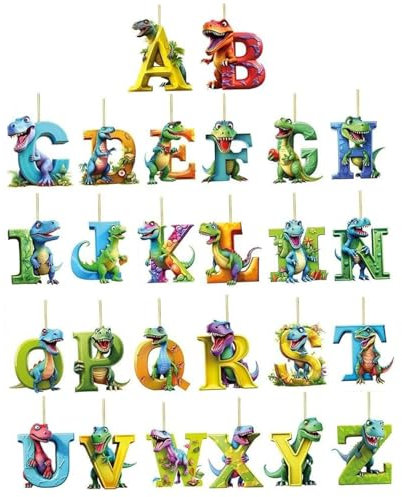 Dinosaur Christmas Ornament, 26 Letter Dinosaur Christmas Tree Ornaments, Acrylic 2D Dinosaur Ornament for Christmas Tree, Cartoon Car Hanging Ornament for Christmas Decorations