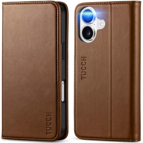 TUCCH Hülle für iPhone 16 Lederhülle Handyhülle, Braun | Handytasche Wallet, Kartenfach, RFID Schützhülle, Brieftasche mit Geldbeutel, Leder Case, kompatibel mit iPhone 16