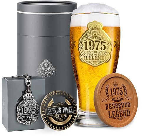 CROWNLY CRYSTAL® 1975 Regalo 50 Años Hombre Copas De Cerveza 570 ml Regalos Personalizados Decoración 50 Cumpleaños Hombre Regalos Originales Regalo Original Hombre Regalo Hombre Original